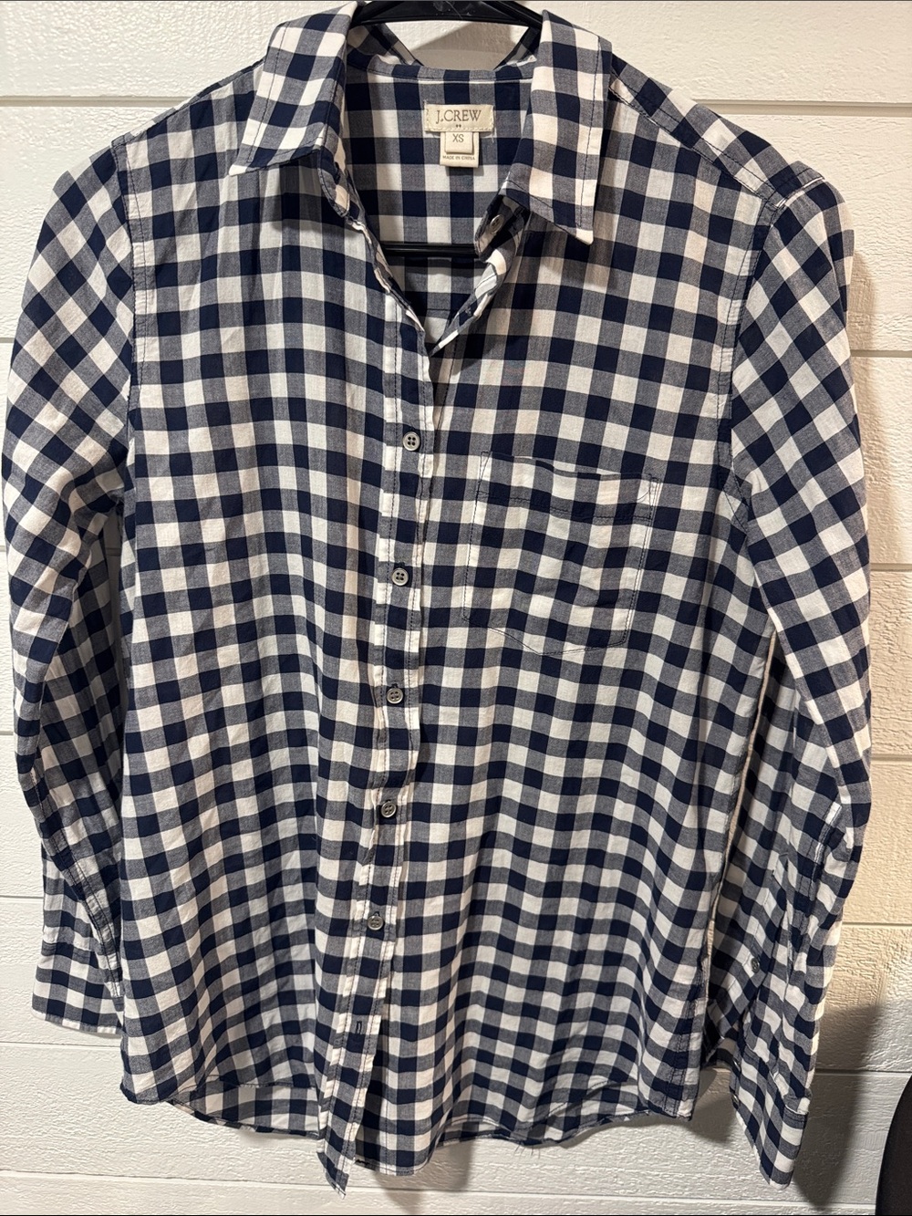 J. Crew Navy and White Gingham Button-Down Shirt-xs